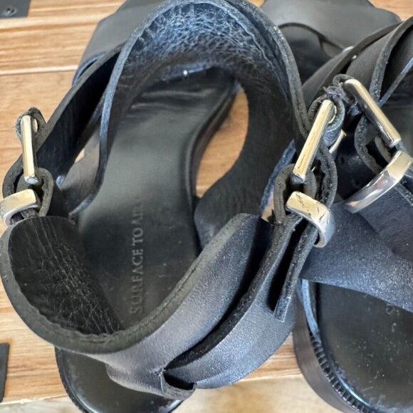 Surface to Air Black Leather Double Ankle Wrap Silver Buckle Block Heel Sandal - Picture 9 of 15